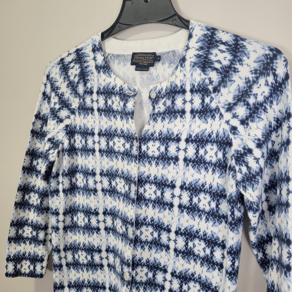 Pendleton Cardigan Sweater 100% Cotton Womens Small Blue White Button Front